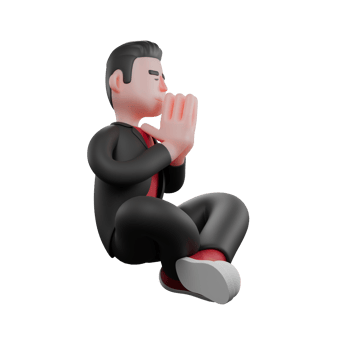 3D Animated Choreographer. A male choreographer sits cross-legged on the floor with his palms pressed together in front of his neck. Dance Performer png