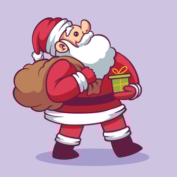 Santa claus brings green gift box hand drawn illustration vector