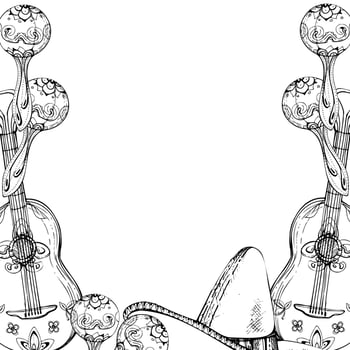 Mexican symbols sombrero hat, guitar maracas mariachi musical instruments, floral ornament. Hand drawn ink isolated illustration border frame. Design travel, vacation, folk concert brochure vector
