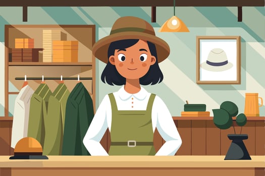 a woman in a hat standing at the counter of a shop vector