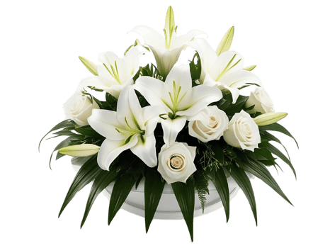 Elegant floral arrangement of white lilies and roses on display. png