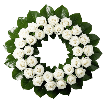 Elegant white rose wreath with lush green leaves, perfect decor. png