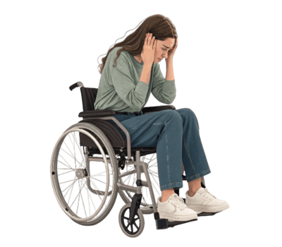 Young woman in wheelchair experiencing emotional distress on transparent background png
