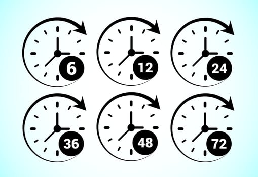 Work time icon design. 6, 12, 24, 36, 48 and 72 hours clock icons vector