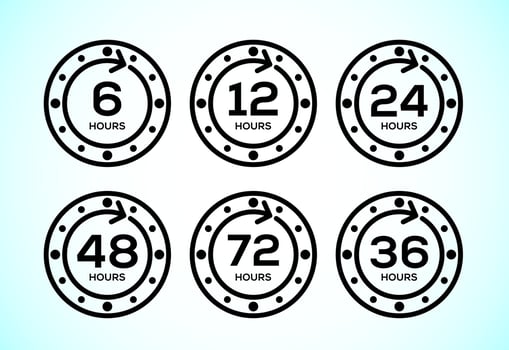 Work time icon. 6, 12, 24, 36, 48 and 72 hours clock icons vector