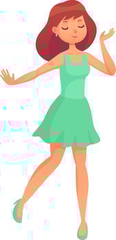 Cheerful young woman is dancing with her eyes closed, wearing a flowing green dress and heels, her arms gracefully extended as she enjoys the rhythm and movement vector
