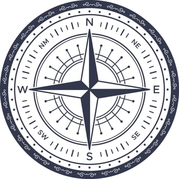Detailed illustration of a vintage compass rose, including all cardinal directions and markings, with decorative border, providing a sense of adventure and exploration vector