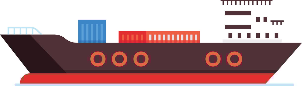 Cargo ship carrying containers navigating on water, transporting goods across the ocean in international commercial trade vector