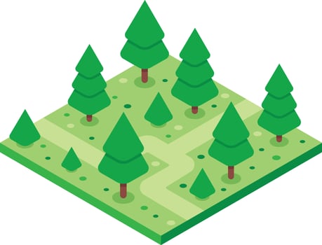 Lush green meadow with growing pine trees forming a serene forest landscape in isometric projection, ideal for environmental or nature related projects vector