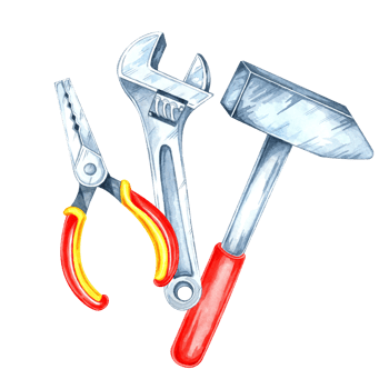 A hammer, pliers with yellow and red handles , and an adjustable wrench clipart. Hand-painted watercolor illustration for handyman merchandise, instructional design, or DIY-themed packaging labels png
