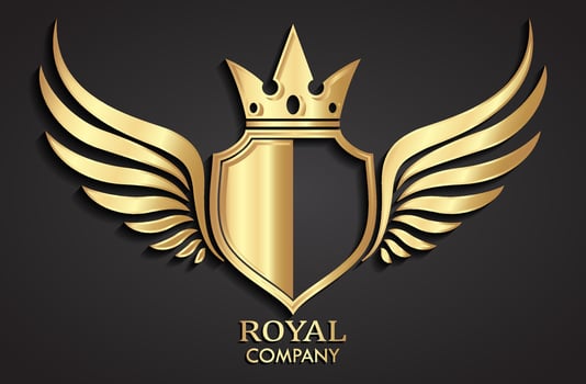3d golden winged shield with crown logo heraldry symbol vector