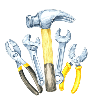 A hammer with a wooden handle, silver wrenches, and pliers. Hand-painted watercolor illustration. Perfect for home improvement catalogs, DIY project designs, and construction branding png