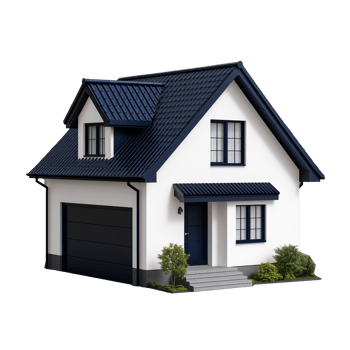 Modern house with blue roof and garage on transparent background png