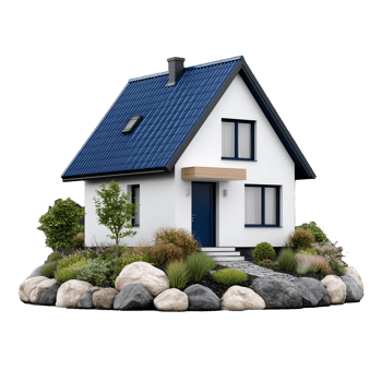 House with landscaping and blue roof on transparent background png