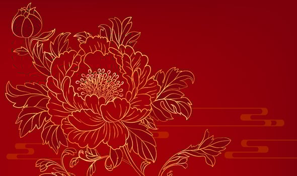 Hand painted Chinese style banner gold linear peony on red background vector
