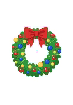 Christmas wreath made of fir branches, decorated with balls and a bow. Element for Christmas and New Year design. Isolated on white background. vector
