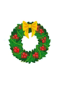 Christmas wreath made of leaves and berries, holly, decorated with a bow and ribbon. Element for Christmas and New Year design. Isolated on white background. vector