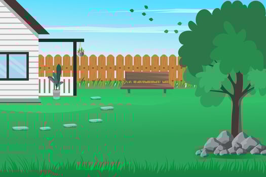 House backyard with wooden fence, rocks, trees, green grass, bench, and flowers. vector