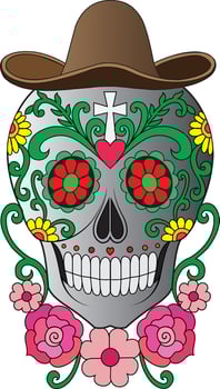 Cowboy sugar skull with floral accents design by hand watercolor painting and make graphic . vector