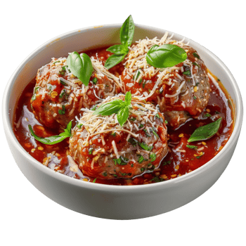Delicious Meatballs in Marinara Sauce Parmesan Cheese Basil Garnish png