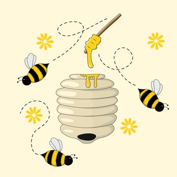 A cute bee illustration with honeycomb cells and dripping honey, warm yellows, and soft, playful details vector