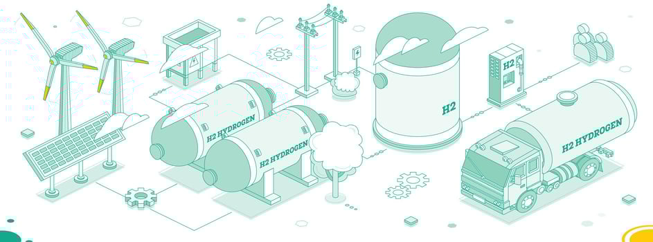 Isometric hydrogen energy. H2 electrolysis plant station. Outline objects. Hydrogen factory with solar cells and wind turbines. Truck car with cistern. vector