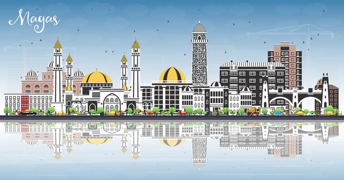 Magas Russia city skyline with color buildings, blue sky and reflections. Magas cityscape with landmarks. Travel and tourism concept with modern and historic architecture. vector
