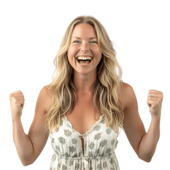 A woman with her arms up and a smile png