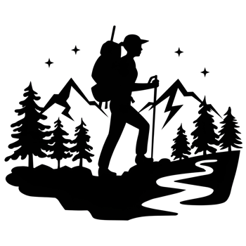 A black and white drawing of a man hiking in the mountains png