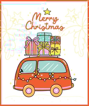 Cute Groovy Christmas Summer Car and pile of gifts idea for greeting card and banner vector