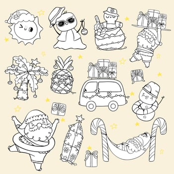 Group of Cute Groovy Summer Christmas Tropical Holidays Element Symbol cartoon doodle hand drawn Coloring image set vector