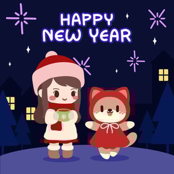 Cute New Year celebration with girl and dog Illustration. New Year illustration captures a cozy winter night with a girl and her adorable dog celebrating under a sky filled with fireworks. vector