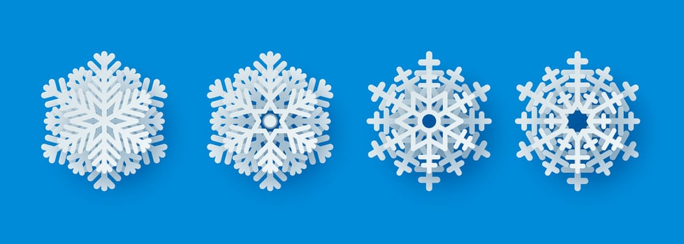3D paper cut snowflakes with soft shadows on a blue background. Ideal winter design elements for presentations, banners, covers, web, flyers, cards, sales, posters, slides, and social media. vector