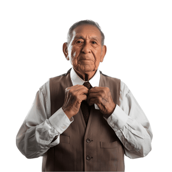 An older man in a vest and tie adjusting his tie png