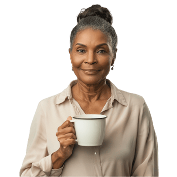 An older woman holding a coffee cup png