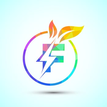 English alphabet F with thunderbolt and leaf. Eco energy saver icon, Nature power electric logo vector