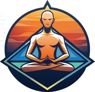 A serene meditation logo featuring a figure in lotus pose against a tranquil sunset backdrop with vibrant colors reflecting inner peace vector