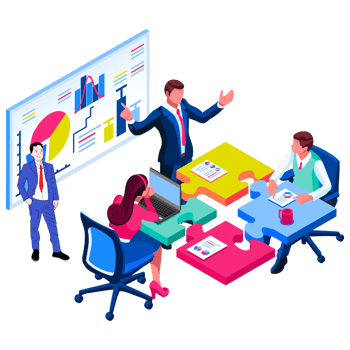 People in business suits are sitting around a table with a presentation png