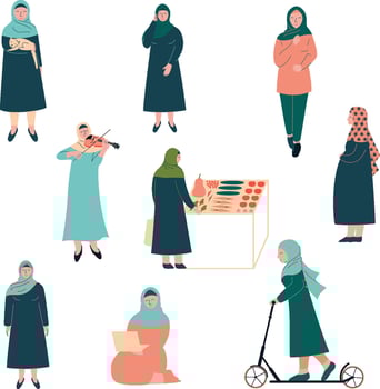 Muslim Woman Lifestyle Set, Modern Arab Girls Characters in Traditional Clothing in Different Situations Illustration vector