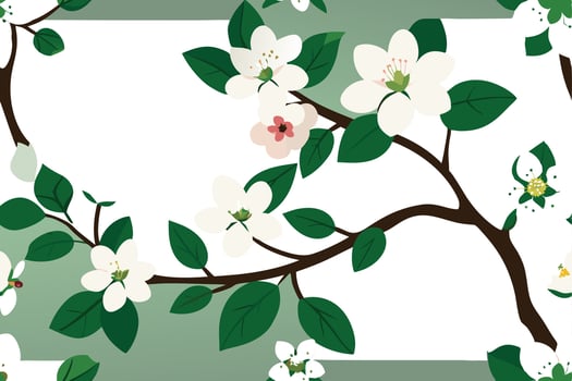 A branch with white blossoms and green leaves is depicted against a white background, creating a simple yet elegant floral design. vector