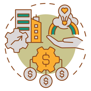 A circle with money, a hand, and a building png