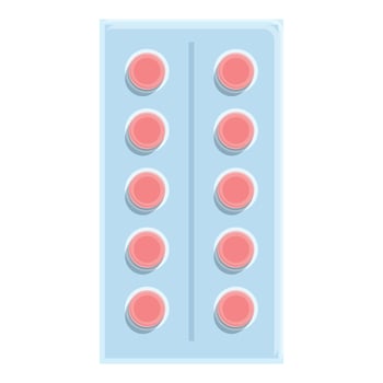 Blister pack containing ten round pink pills on blue background vector