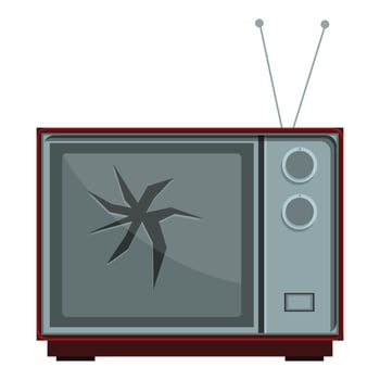Old broken television showing cracked screen with rabbit ears antenna vector