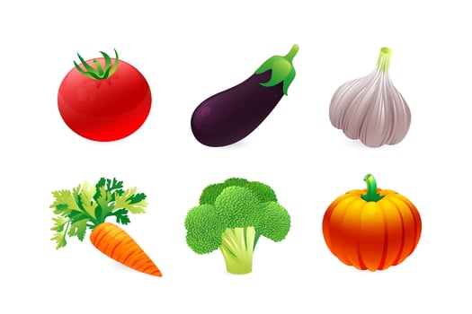 A set of realistic 3D icons of vegetables that are a source of carotene. Broccoli, pumpkin, carrot, eggplant, tomato. vector