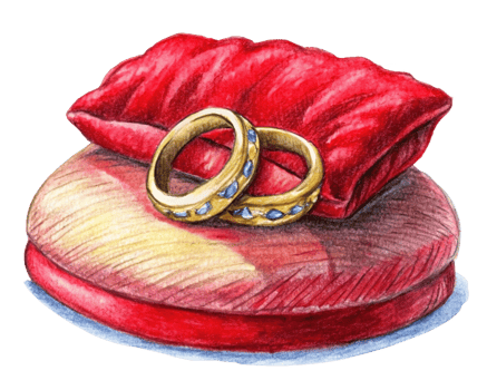 Wedding Rings with Elegant Red Pillow Display png