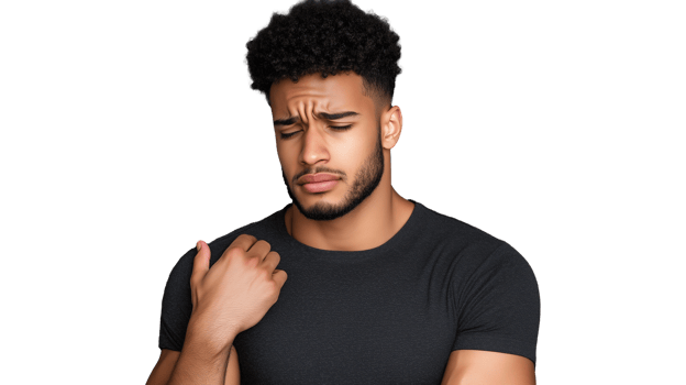 Man with discomfort holding shoulder png