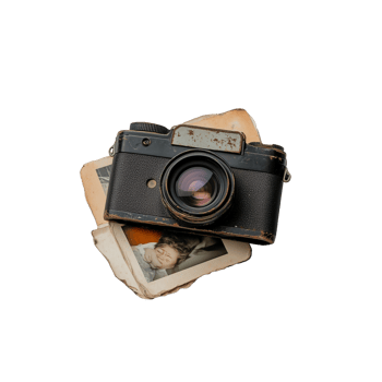 Vintage camera on stack of photos on transparent background png