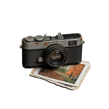 Retro camera on old photographs on transparent background png
