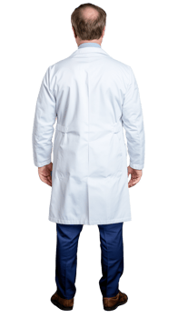 Doctor in lab coat facing away on transparent background png
