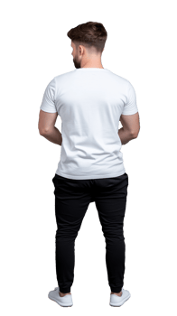 Back view of man in white T-shirt on transparent background png